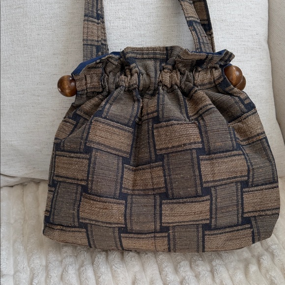 artisan vintage handmade Handbags - Vintage Boho Tapestry Handmade Artisanal Bucket Bag purse Wood Beads Cottagecore